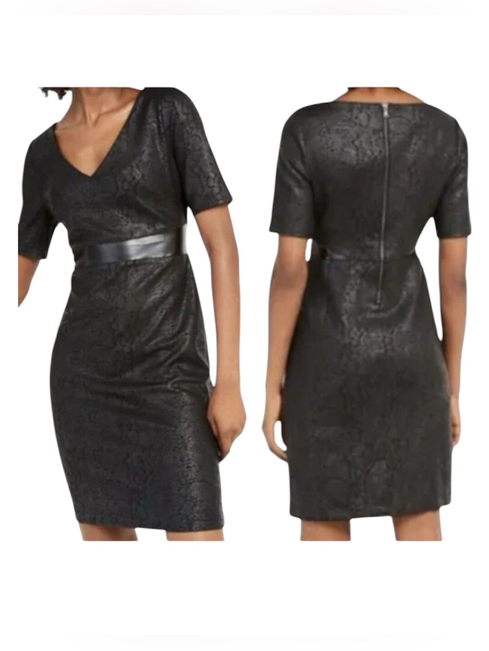 INC Black Snake Print Dress S Scuba Knit Fall Coated V Neck Short Sleeve Stretch